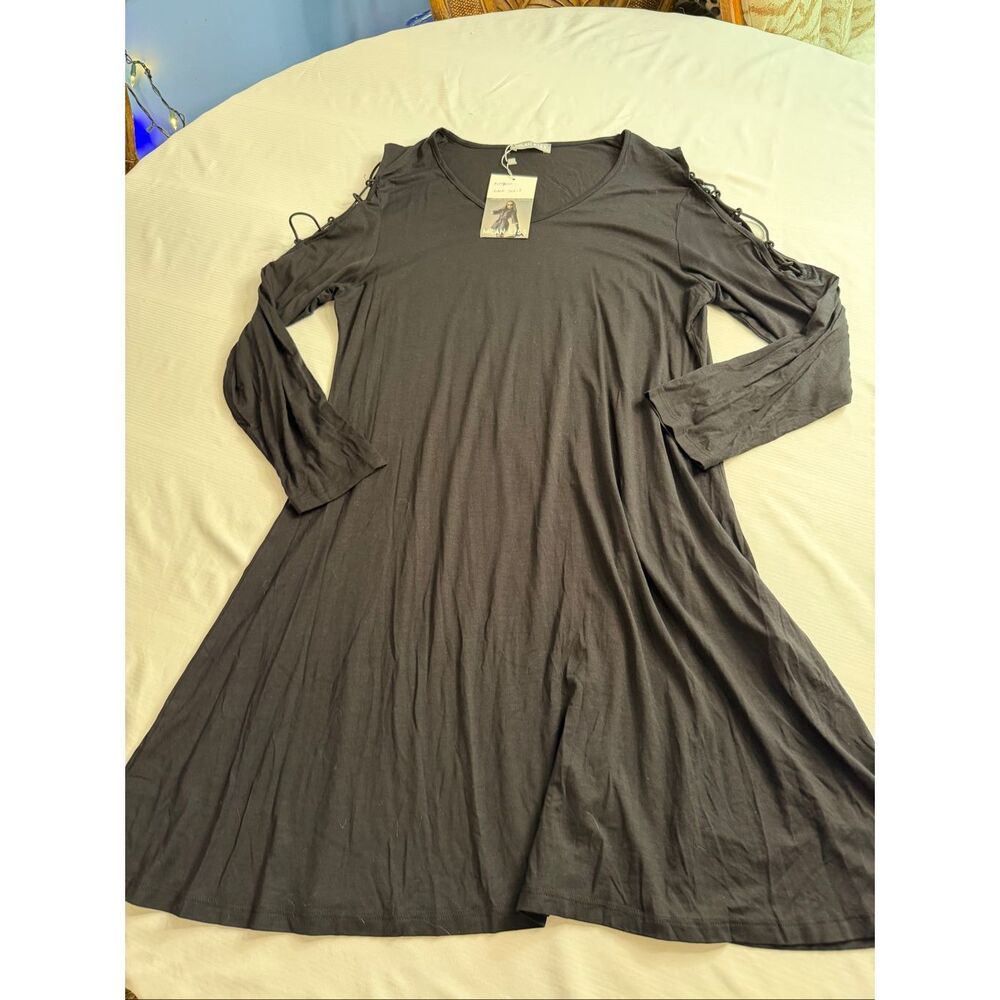 NWT Milan Kiss Black Cold Shoulder Lagenlook Dress Size 3 US 1X See Measurements